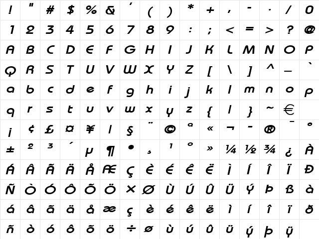 BiminiWide BoldItalic  glyph index