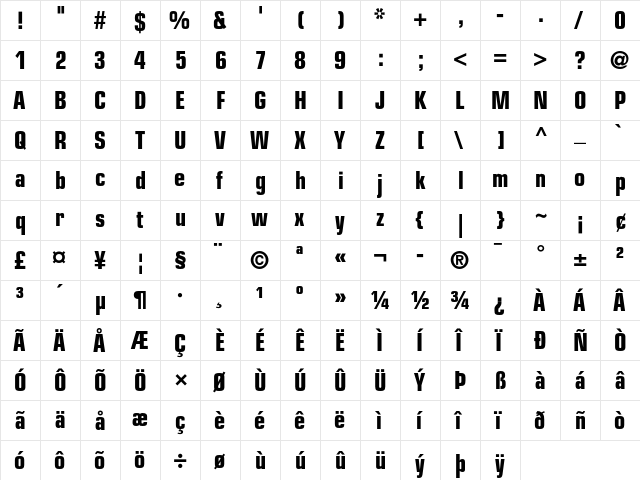 Eurostile Bold Condensed  glyph index