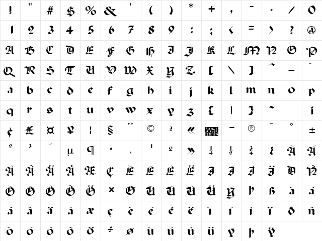 Penchant Regular  glyph index