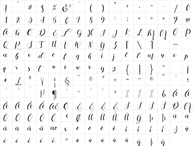 Mattosa Script Regular  glyph index