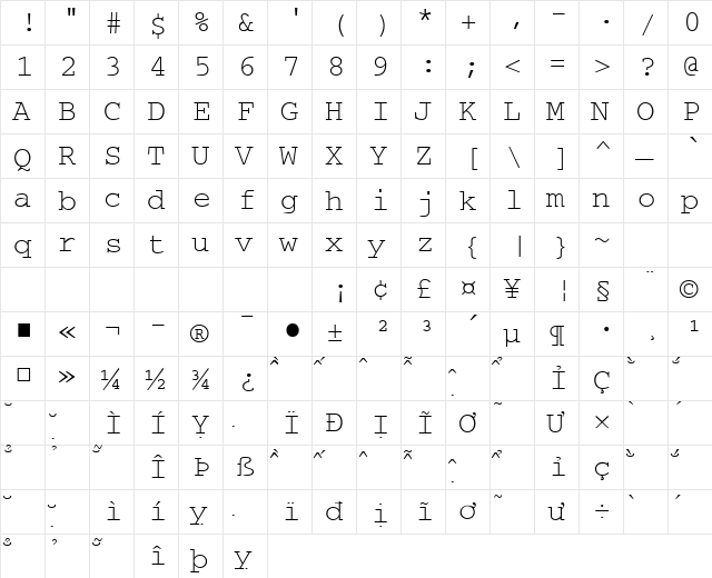 VNI-Couri Normal  glyph index