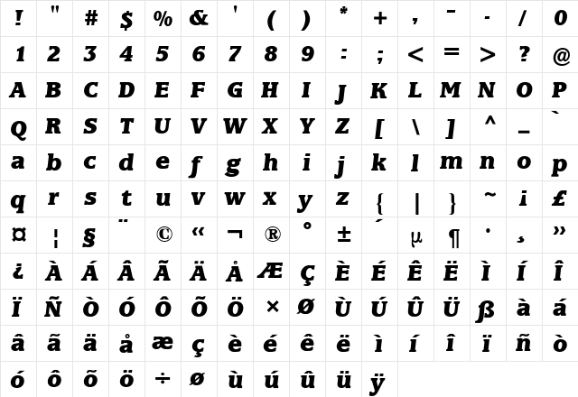 Marbrook BQ Bold Italic  glyph index