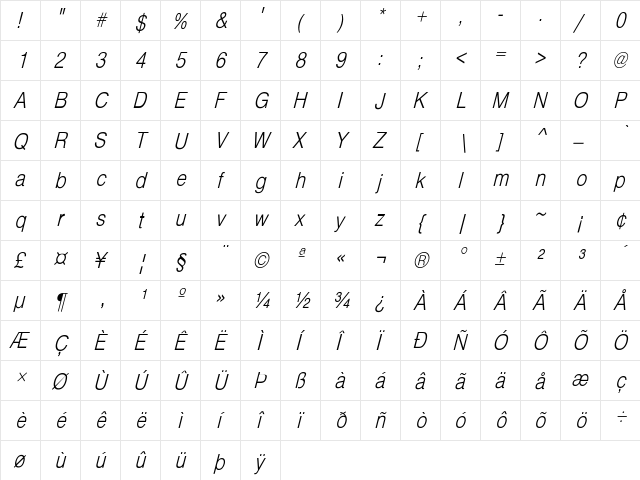 HelveticaCndObl-Light Regular  glyph index