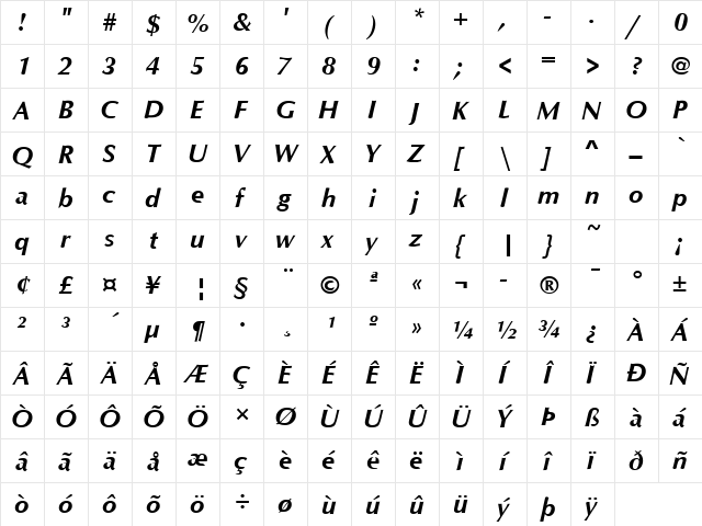 Opus Bold Italic  glyph index