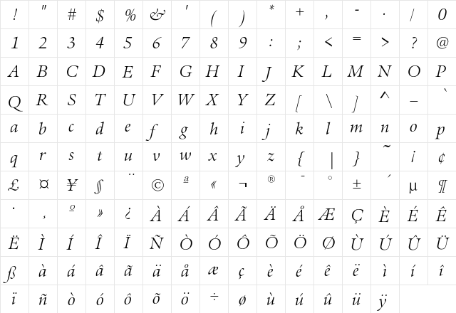 AureliaEF-LightItalic Regular  glyph index