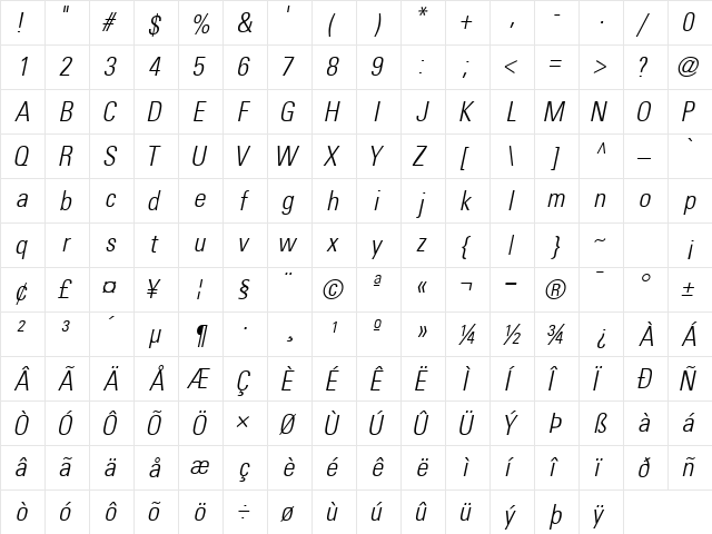NovaLightCondSSK Italic  glyph index