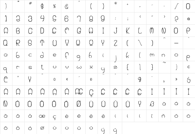 Huevo Regular  glyph index