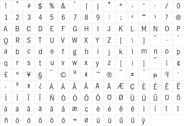 Hamburg-Xlight Regular  glyph index