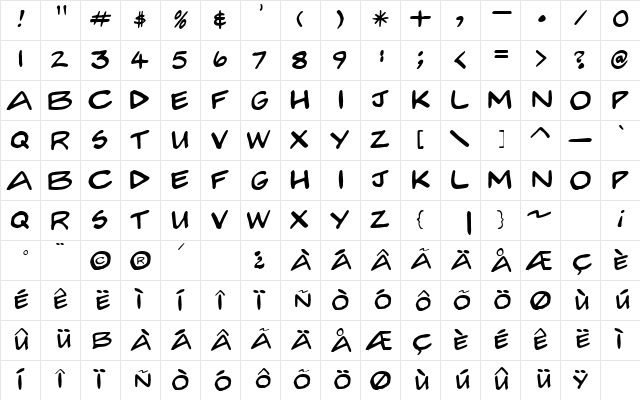 Comcre Regular  glyph index