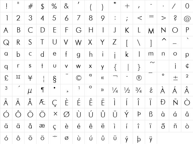Futuri Light Regular  glyph index