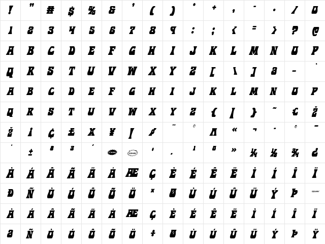 Hip Pocket Condensed Italic Condensed Italic  glyph index