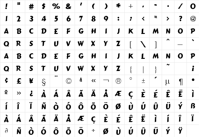 ComicTypeHeavy Regular  glyph index