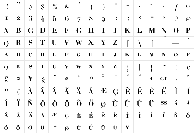 Bodoni BoldH-SC  glyph index