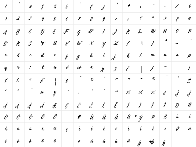 Almada Regular  glyph index