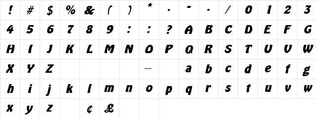 Salute Oblique  glyph index