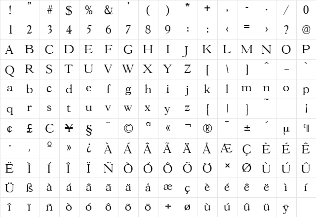 GascogneSerial-Light Regular  glyph index