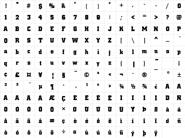 CityPBol Regular  glyph index