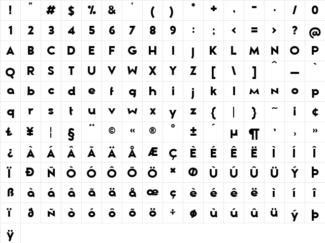 Zeronero Black  glyph index