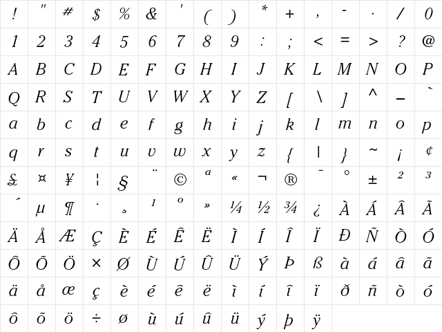 ITC Cheltenham Light Italic  glyph index