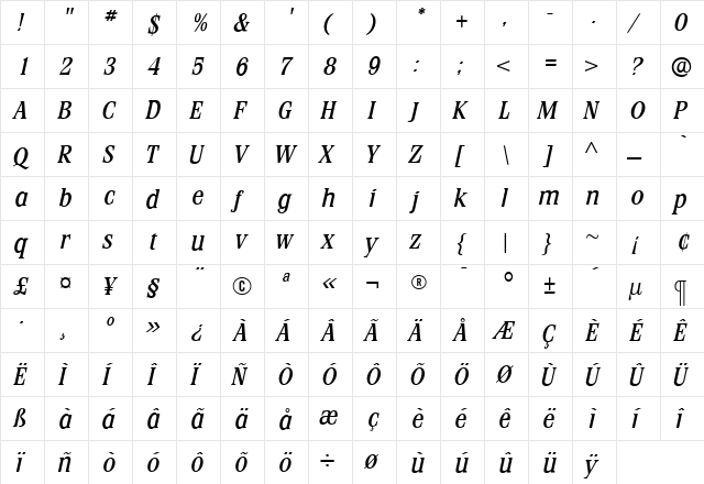 StirlingMediumItalic Roman  glyph index