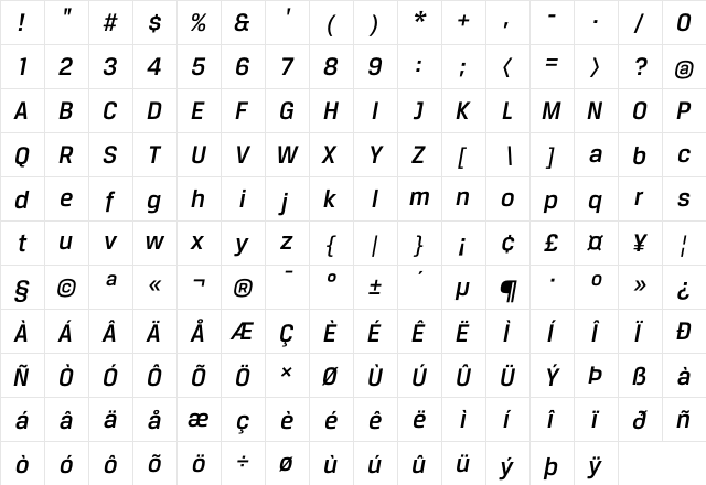 BreuerText Medium Italic  glyph index