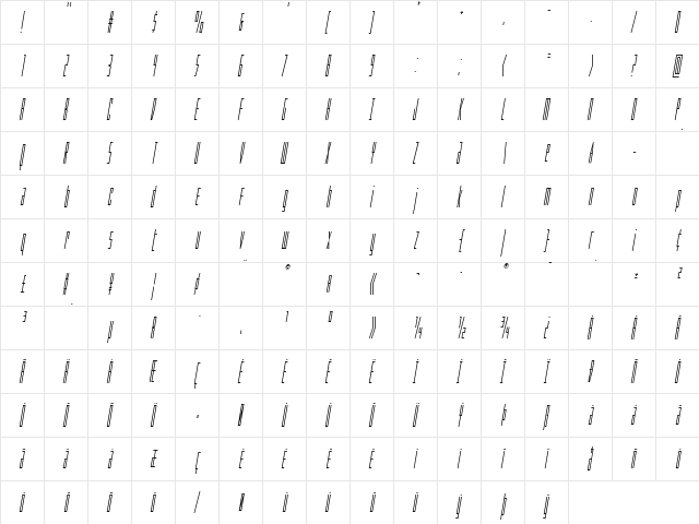 Phantacon Condensed Italic Condensed Italic  glyph index