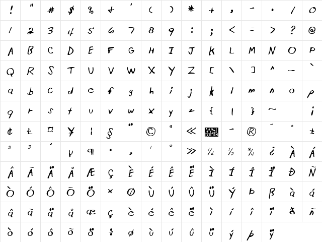 MontysHand Regular  glyph index