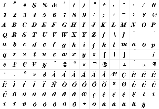 ValenciaSerial-Heavy Italic  glyph index