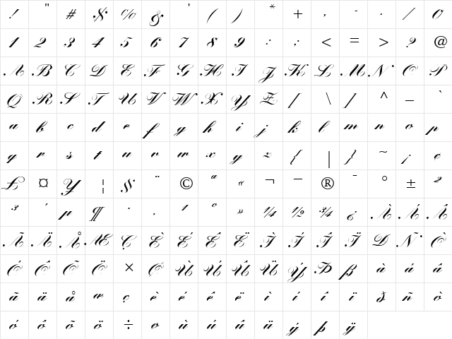 Kuenstler Script Regular  glyph index