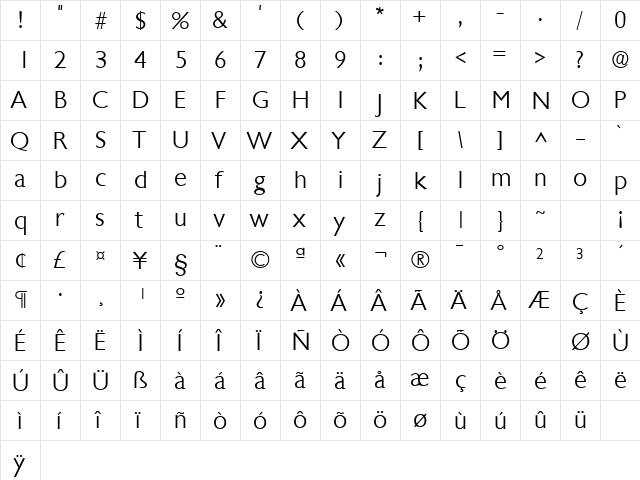 ChantillyLH Regular  glyph index
