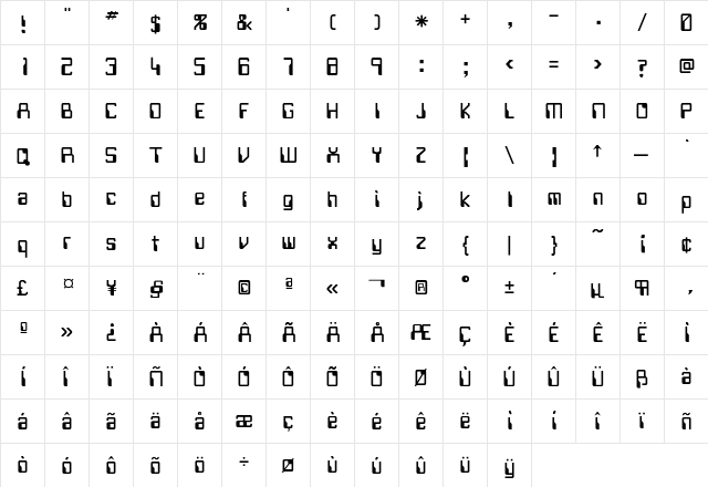 Future Regular  glyph index