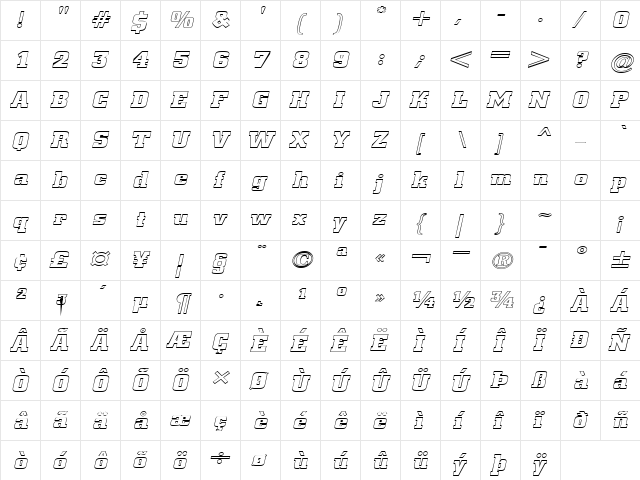 Borghs-Hollow-Extended Italic  glyph index