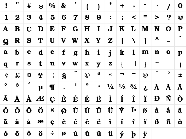Bookwoman DemiSH  glyph index