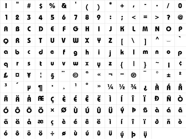 ITCBauhaus Bold  glyph index