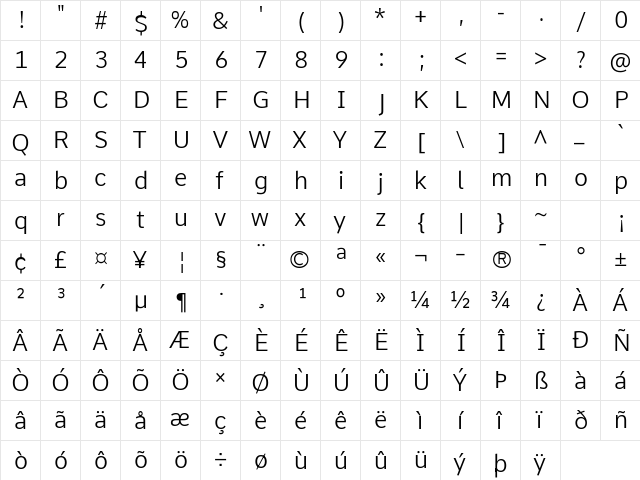 Comme Light  glyph index