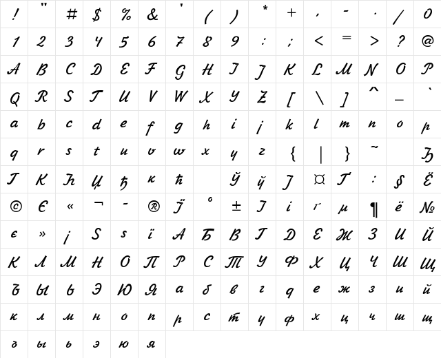 Jikharev Regular  glyph index