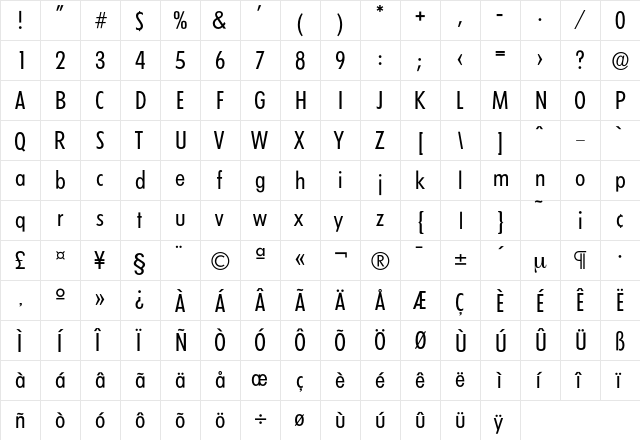 Limerick-RegularCond Regular  glyph index