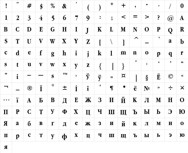 Garamond Narrow Bold  glyph index