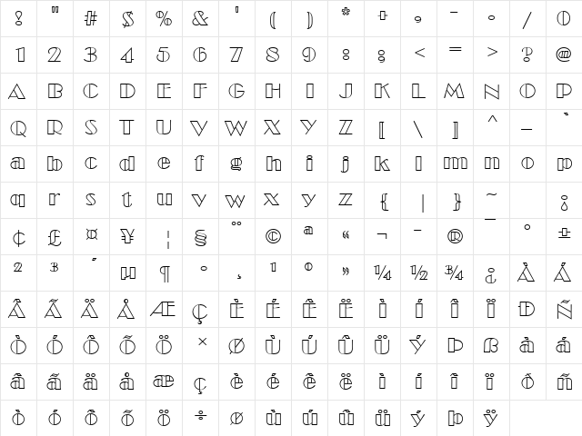 Broadway Becker Outline Regular  glyph index