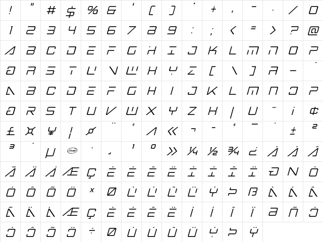 Banshee Pilot Condensed Italic Condensed Italic  glyph index