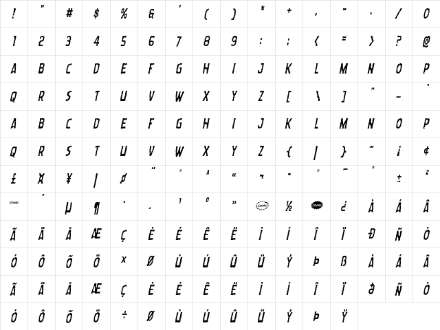 Worm Cuisine Condensed Italic Condensed Italic  glyph index