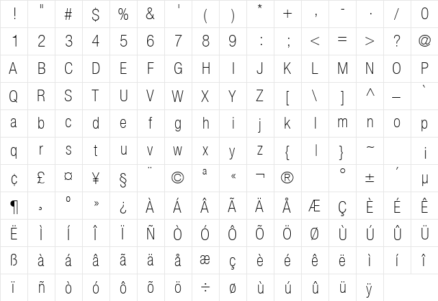 HeaveneticaCond3 ThinSH  glyph index