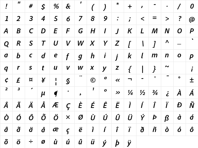 Adobe Clean Bold Italic  glyph index