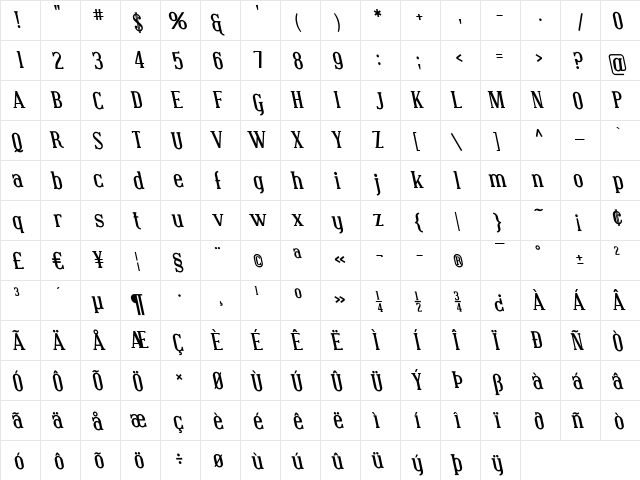 Covington Rev Bold Italic  glyph index