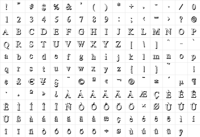 ThamesShadow Regular  glyph index