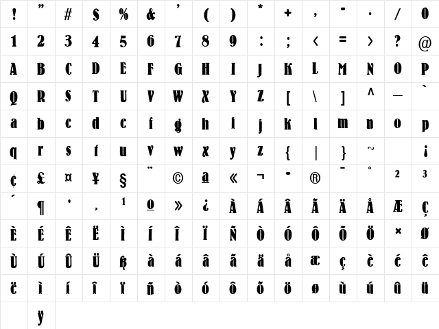 BernhardCondensed Regular  glyph index