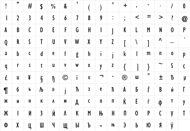 GillSans SA-Condensed Regular  glyph index