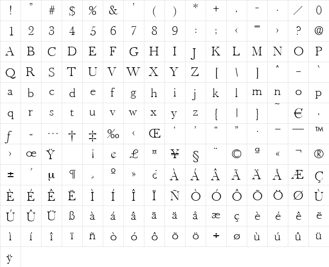 Oldbaskerville-Xlight Regular  glyph index