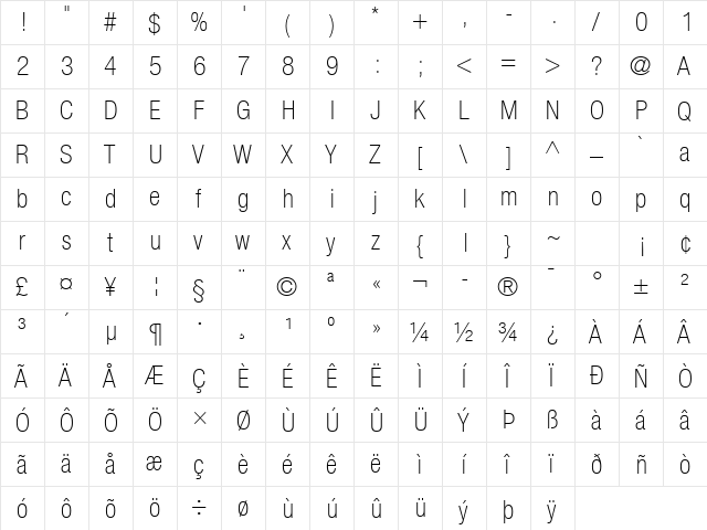 Helvetica Neue LT Com 37 Thin Condensed  glyph index