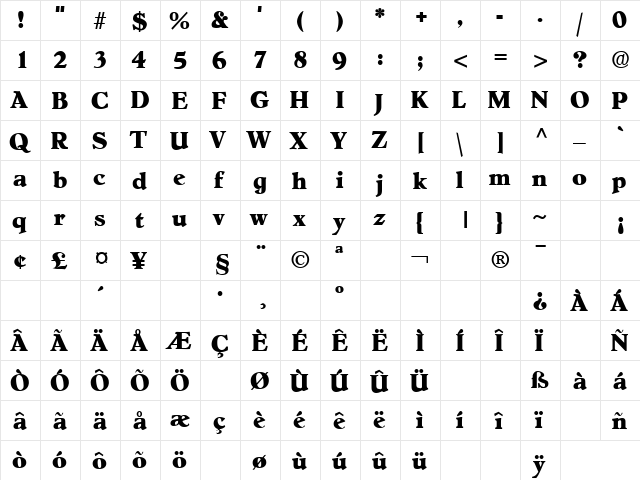 OldCentury Regular  glyph index